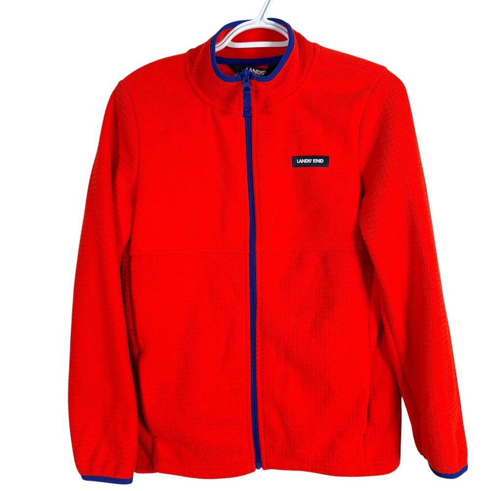 Lands End Fleece Jacket Waffle Knit Kids XL 14/16 Red Full Zip Pockets NEW